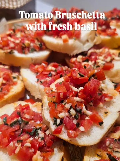 Classic tomato bruschetta with fresh basil, a light and refreshing appetizer that everyone loves.