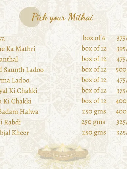 The mithai section of our Diwali Delights menu. Pick your favourite sweets, from traditional Gujiya and Mohanthal to our classic Malai Rabdi, to complete your celebration.