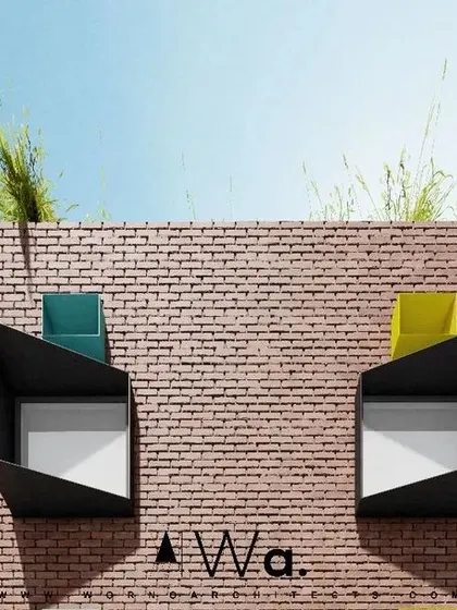 A design concept for a school facade refurbishment, featuring geometric, multi-colored window hoods on a brick wall. The design aims to create a vibrant and dynamic visual identity for the institution.