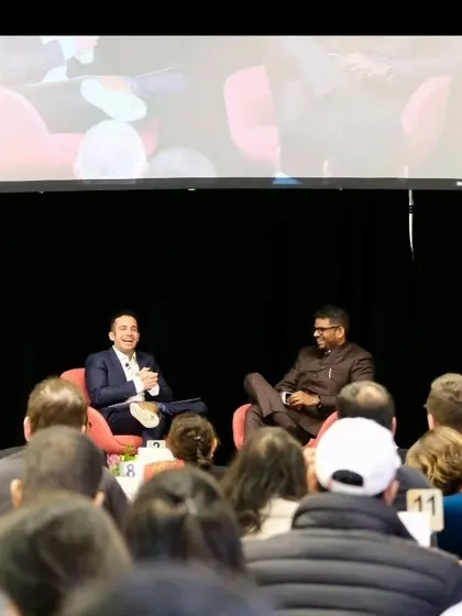 A candid moment during a fireside chat at the Stanford India Dialogue. These in-depth conversations allow for a nuanced exploration of complex civilizational narratives.