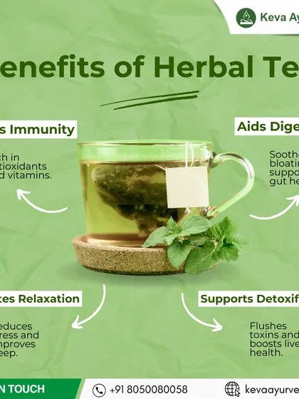 Herbal tea is a wonderful way to incorporate Ayurveda into your daily life. This visual highlights its benefits, including boosting immunity, aiding digestion, promoting relaxation, and supporting detoxification.