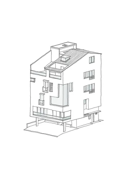 An isometric line sketch for the proposed Tiwari Residence. This type of drawing helps us visualize the building's three-dimensional form in the early design stages.