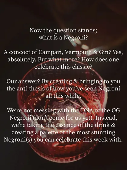 A graphic explaining our philosophy for Negroni Week. We aimed to celebrate the classic by creating a palette of stunning new versions, playing with color and flavor while respecting the drink's DNA.
