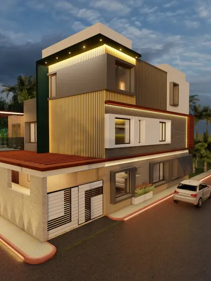 A corner view of a multi-story residence, showcasing a mix of materials and a modern gate design.