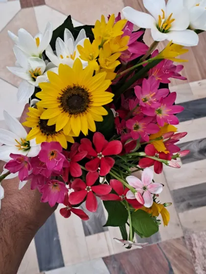 An overhead shot of the beautiful bouquet from my garden.