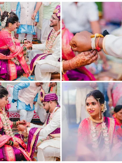 A collage of detailed shots from a Maharashtrian wedding, focusing on the hands and the specific rituals being performed.