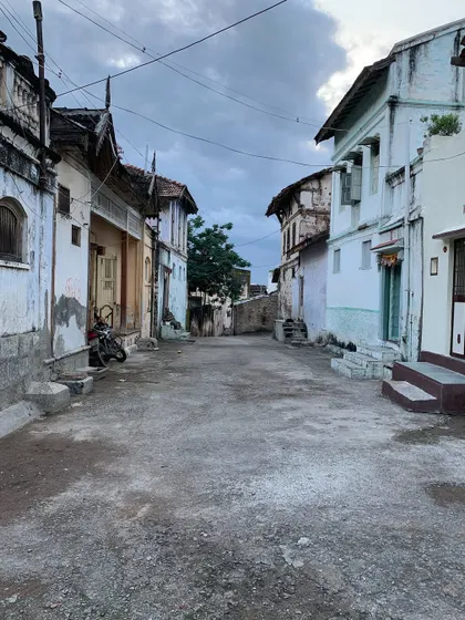 An 18th-century streetscape in the Darbargarh of Sihor, Gujarat. This is the starting point for a revitalization project, where our goal is to understand the urban fabric and restore the area's historic character.