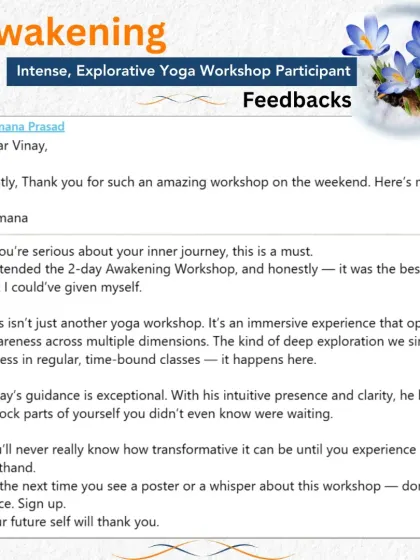 "If you're serious about your inner journey, this is a must." Another powerful testimonial from a participant who describes the Awakening Workshop as an immersive experience that unlocks awareness across multiple dimensions.