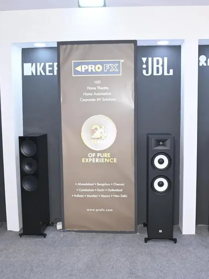 A display of our premium floor-standing speakers from brands like Definitive Technology, KEF, JBL, and Revel. This highlights our 20 years of experience in providing pure audio solutions across India.