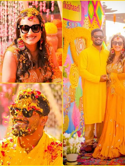 This Haldi collage focuses on the couple's joy. It shows them together, as well as candid moments of them being showered with flower petals, all in a bright yellow theme.