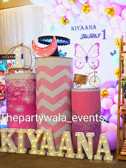 A close-up of the light-up name and themed pedestals from a butterfly party.