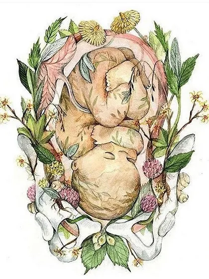 This beautiful artwork captures the essence of new life unfolding. Your baby is a great gardener, choosing the best of your planting. Trust that you and your baby are on this journey together.