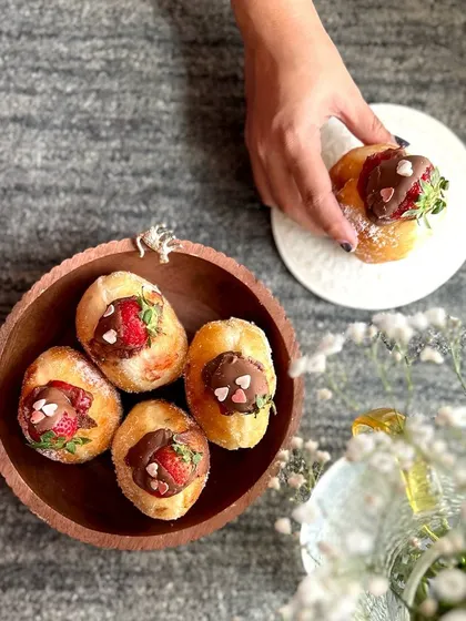 A beautiful flat-lay of my Valentine's special chocolate strawberry bombolinis.