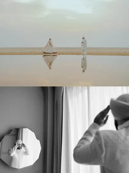 A collage of our award-nominated photos, showcasing our artistic beach portraits and timeless black and white getting ready shots.