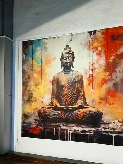Another angle of the customized Buddha wallpaper, showing how it commands attention and sets a meditative tone for the space.