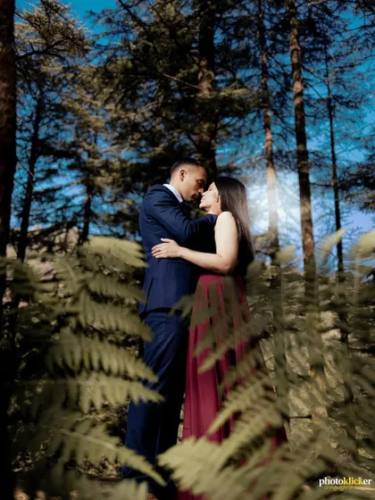 A couple shares an intimate moment, framed by ferns in the foreground, adding depth and a sense of privacy to their forest pre-wedding photo.