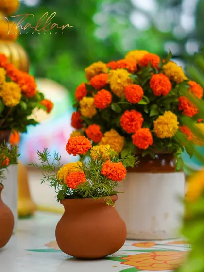 Close-up of the fresh marigold arrangements used in our traditional Haldi decor. I believe in using high-quality flowers to create a rich and authentic look.
