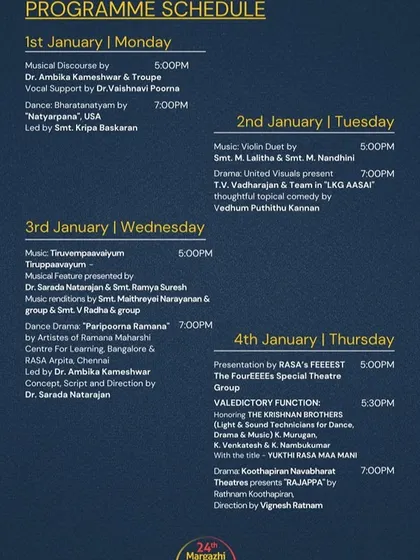 The program schedule for the 'Kala Rasa Mahotsavam' festival in Chennai, where we presented our dance drama 'Paripoorna Ramana'. We are proud to be part of such prestigious cultural festivals.