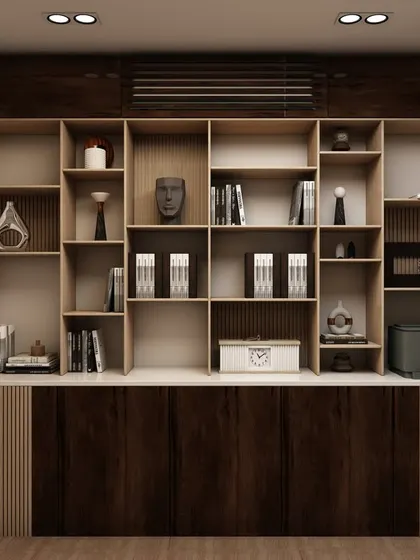 A detailed 3D render of a custom storage and display unit for an office. This visualization helps finalize the configuration of shelves and cabinets to meet the client's specific storage needs.