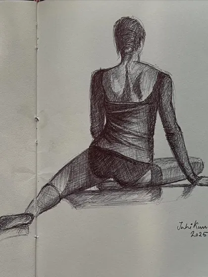 A figure sketch done in pen in my sketchbook. Sketching every day, even quick studies like this, makes me happy and keeps my skills sharp.