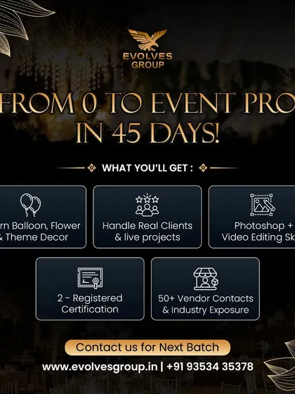 This is my promise to you. In 45 days, we take you from zero knowledge to a certified event professional, ready to handle real projects. You will learn decor, client management, Photoshop, and get my personal list of over 50 trusted vendors.