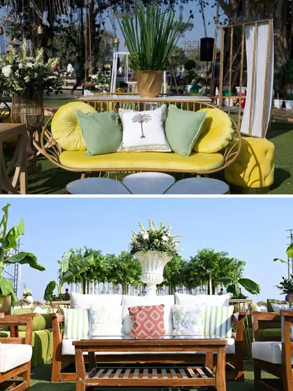 A collage of picturesque seating areas, combining modern sofas with tropical print cushions and traditional wooden furniture for a unique fusion look.
