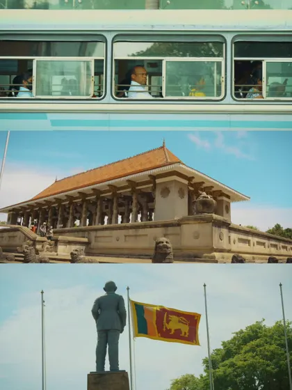A collage of architectural and historical landmarks in Colombo, including the Independence Memorial Hall and a view from a public bus.