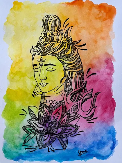The full view of my Shiva-inspired watercolor and ink artwork.