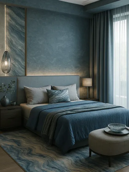 Inspired by Water, this bedroom design is smooth, calm, and fluid. The blue color palette and wavy textures create a serene and therapeutic atmosphere.