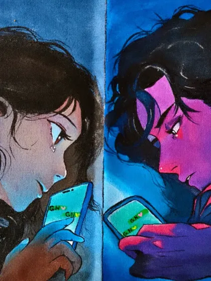 The full anime-style couple painting, showing both figures side-by-side. This piece is available as a custom order to capture your own story.