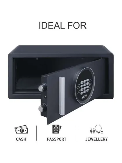 This graphic shows that the Jade Black safe is ideal for storing cash, passports, and jewelry, with an open view of its interior.