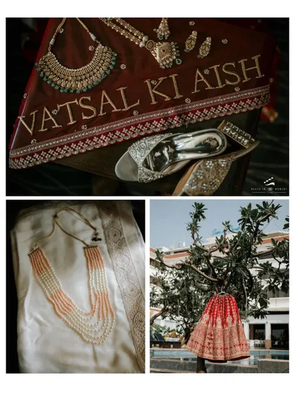A collage of wedding details, including the customized veil, bridal shoes, and jewelry. These elements are the beautiful finishing touches to the wedding story.
