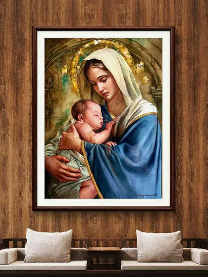 The Mother Mary and Jesus painting shown in a digital frame, perfect for visualizing how this spiritual artwork would look in a home.