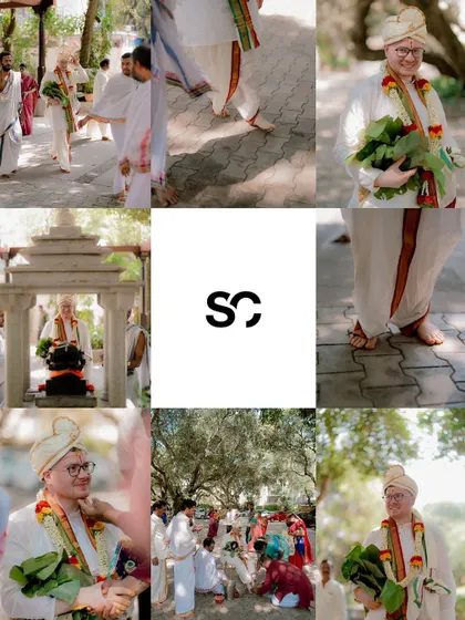 A collage showcasing the groom's entry and rituals during Nimisha and Alan's cross-cultural wedding. It highlights the beauty of blending traditions.