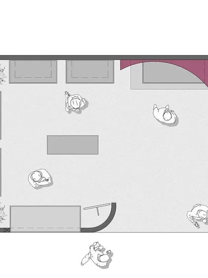 A circulation plan for the Villandi '22 stall, illustrating the intended movement of people through the space. The curved entry walls and open layout encourage a natural and fluid path.