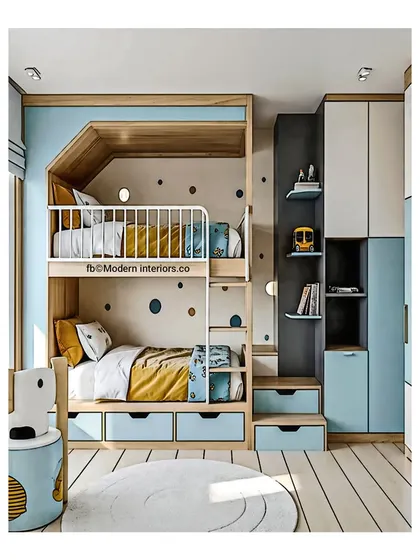This bunk bed design has a cool, modern look with its house-shaped frame and blue and grey color scheme. The stairs provide safe access to the top bunk and include handy storage drawers.