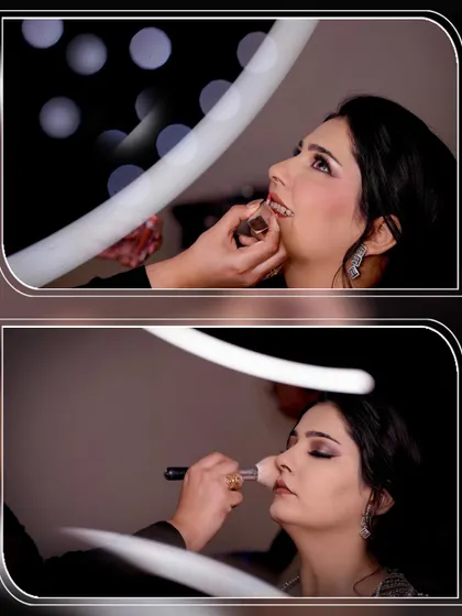 Behind-the-scenes shots of the bride getting her makeup done, capturing the process of her transformation.