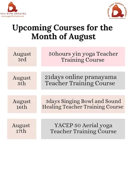 Our August courses are open for registration. Join us for Yin, Pranayama, Sound Healing, or Aerial Yoga teacher training.