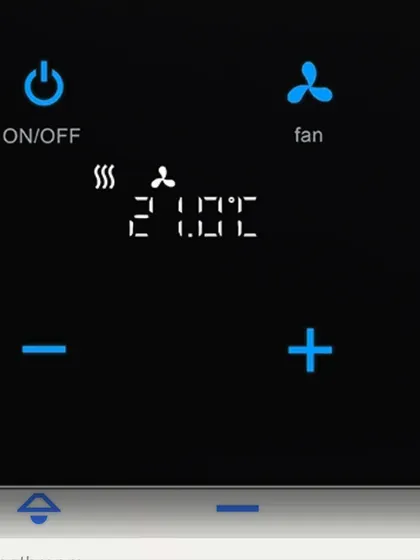 The ABB KNX control panel provides a clear, digital display for managing your environment. This interface shows precise temperature control for your HVAC system, with intuitive icons for power, fan speed, and temperature adjustment.