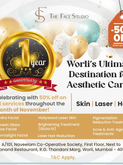 To celebrate our first anniversary, we are offering 50% off on all services throughout the month of November. This is a great opportunity to try our Hydra Facial, Korean Glass Glow, or laser treatments.