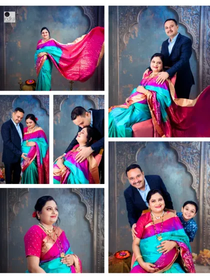 Celebrating motherhood with the elegance of a traditional saree. This collage shows the variety of poses we can achieve in a studio setting, creating vibrant and culturally rich maternity portraits.