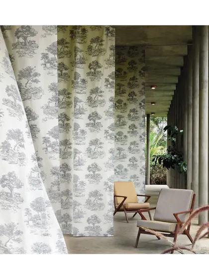 The 'Sacred Grove' fabric, with its pattern of trees in a neutral white and grey palette, is ideal for a space with a calm, minimalist aesthetic. It adds pattern and interest without overwhelming the senses.