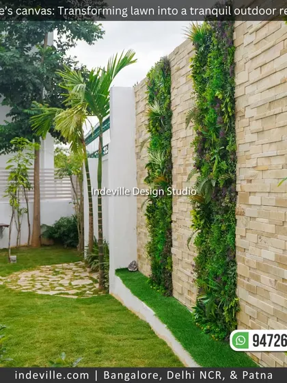 A duplicate image of the backyard landscape, showing the interplay of the lawn, pathway, and vertical garden wall.