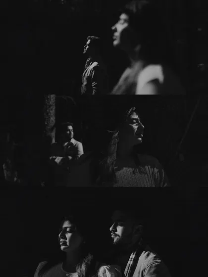A three-panel collage of artistic black and white portraits, using deep shadows and dramatic light to create a moody and intimate series of images.