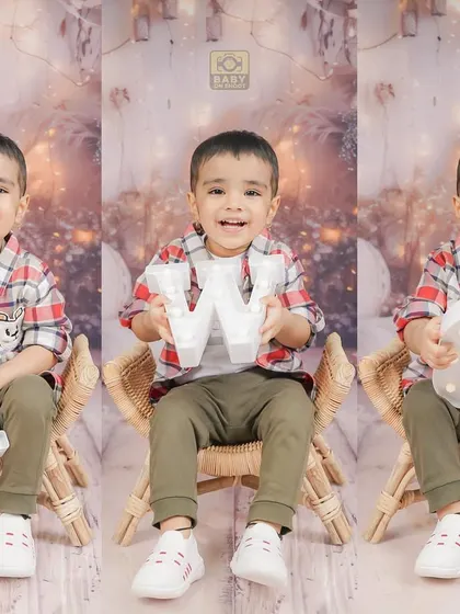 A creative triptych showing a toddler spelling out "TWO" for his second birthday, capturing his playful and proud expressions.