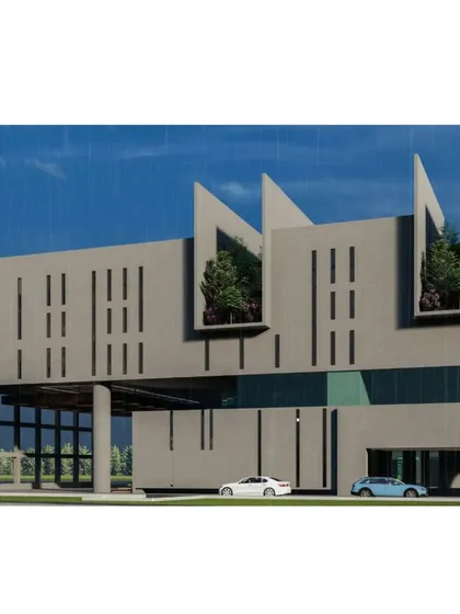 This is a duplicate of ID 53. This elevation render shows the dynamic, angular "wings" of the Public Office building.