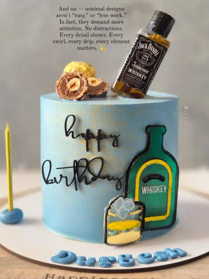 A fun, modern cake for a whiskey lover, featuring a miniature Jack Daniel's bottle and illustrated glass. Minimal designs require great attention to detail.
