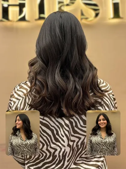 This collage shows a client's hair transformation, resulting in a beautiful, rich color and a soft, wavy style.