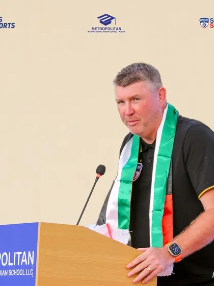 BFC Head of Youth Development Jason Withe addresses the audience at the launch of H16 BFC Soccer Schools in the UAE.