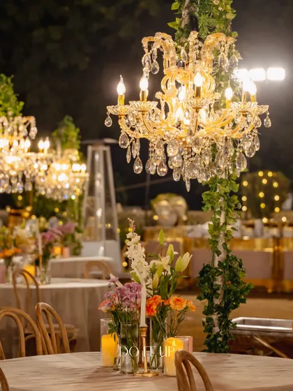The warm glow of chandeliers adds a layer of magic to any outdoor setting. For this Jaipur reception, we used them as standalone features, wrapped in ivy, to define the dining space and create a luxurious, ambient light.